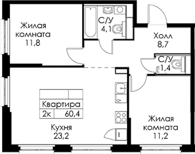 2-комнатная квартира 60.4 м², 1/13 эт., ЖК «Кантемировская 11»